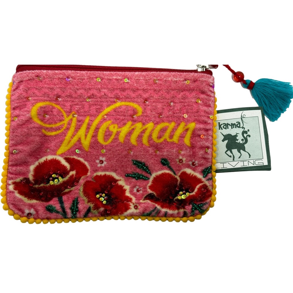Karma Living Beaded Sequined Cotton Frida Kahlo Coin Purse, Pouch 8" X 6" NWT